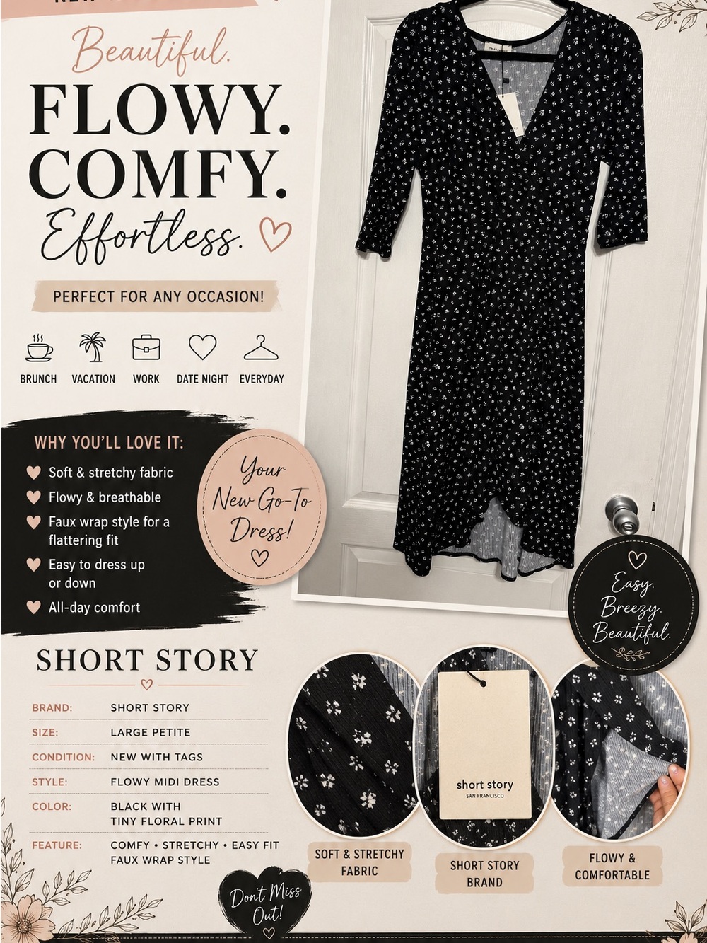 Short Story Black Floral Faux Wrap Dress